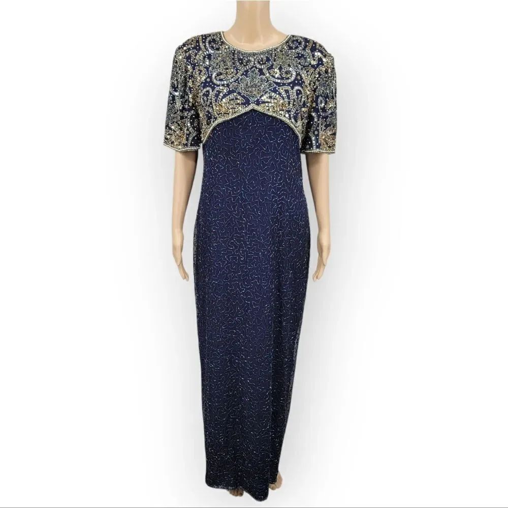 Laurence Kazar Vintage Silk Beaded Navy and Gold Formal Evening Gown